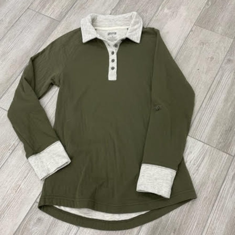 Duluth LS Olive Drap w/ Beige Lining Size Contoured Hem Shirt